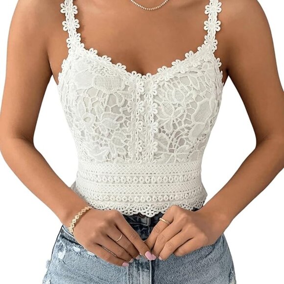White Boho Womens Guipure Lace Cami Top - Picture 6 of 6